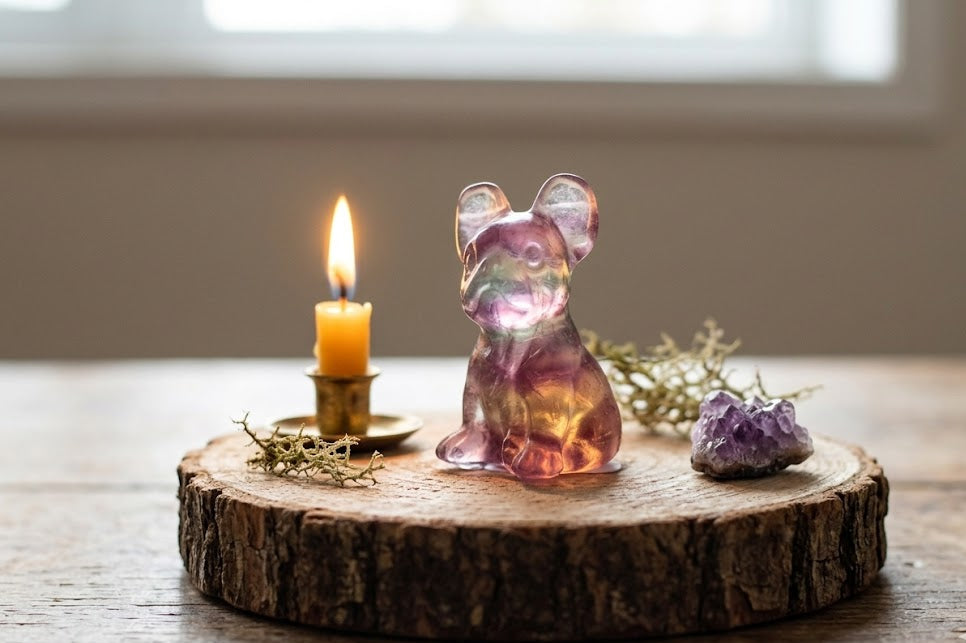 Ce petit bouledogue en fluorite arc-en-ciel, symbole de fidélité et d'amour inconditionnel, diffuse une énergie de clarté et d'apaisement pour harmoniser votre foyer avec douceur.