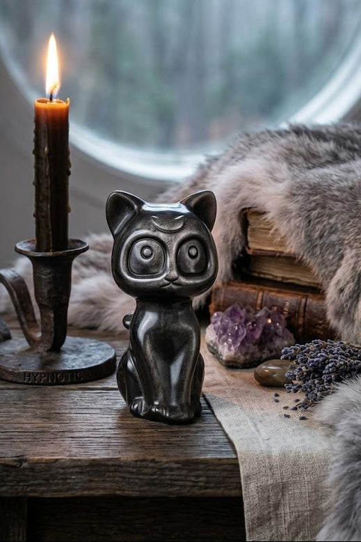 Laissez ce magnifique chat lunaire en obsidienne argentée veiller sur vous, combinant la fidélité éternelle du gardien à l'éclat protecteur de l'amour.