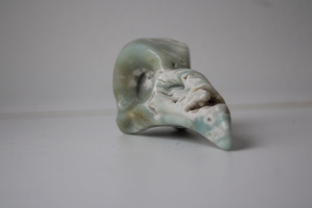 Voyagez aux confins de l'intuition avec ce crâne de corbeau en aragonite bleue, un gardien de sagesse qui diffuse une onde de sérénité absolue dans votre intérieur