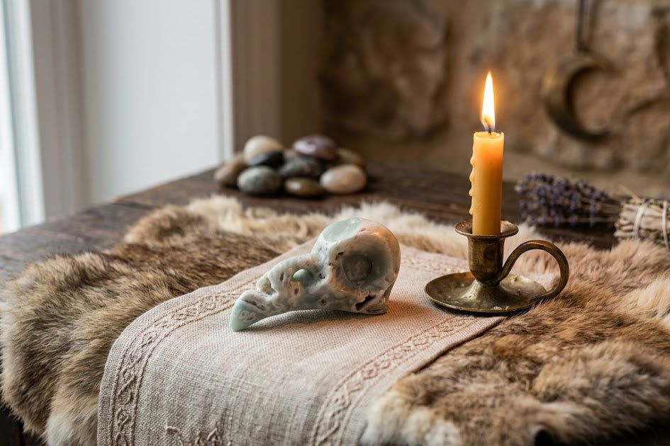 Voyagez aux confins de l'intuition avec ce crâne de corbeau en aragonite bleue, un gardien de sagesse qui diffuse une onde de sérénité absolue dans votre intérieur