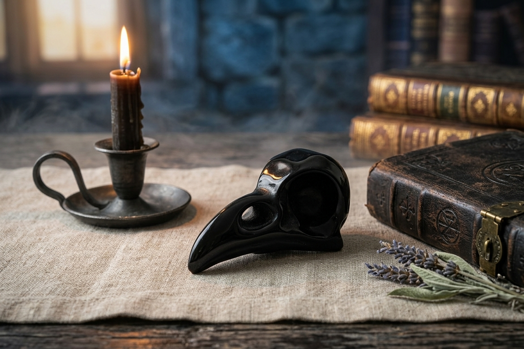 Crâne de corbeau en obsidienne noire, puissant gardien de sagesse et bouclier de protection