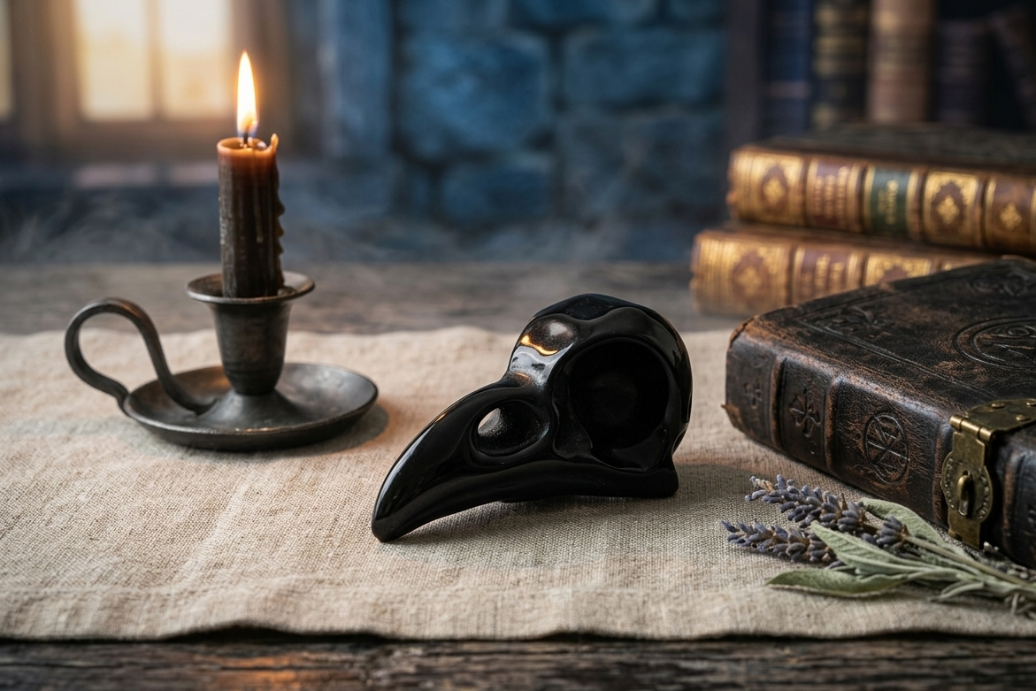 Crâne de corbeau en obsidienne noire, puissant gardien de sagesse et bouclier de protection