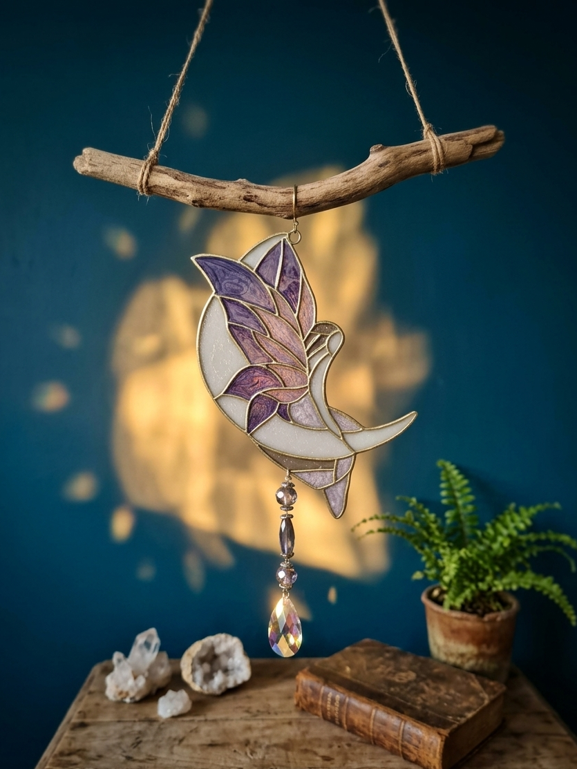 Alliant la délicatesse d’un design en résine façon vitrail à l’éclat pur du cristal, cet attrape-soleil fée et lune transforme chaque rayon de soleil en une danse lumineuse et apaisante pour votre intérieur.