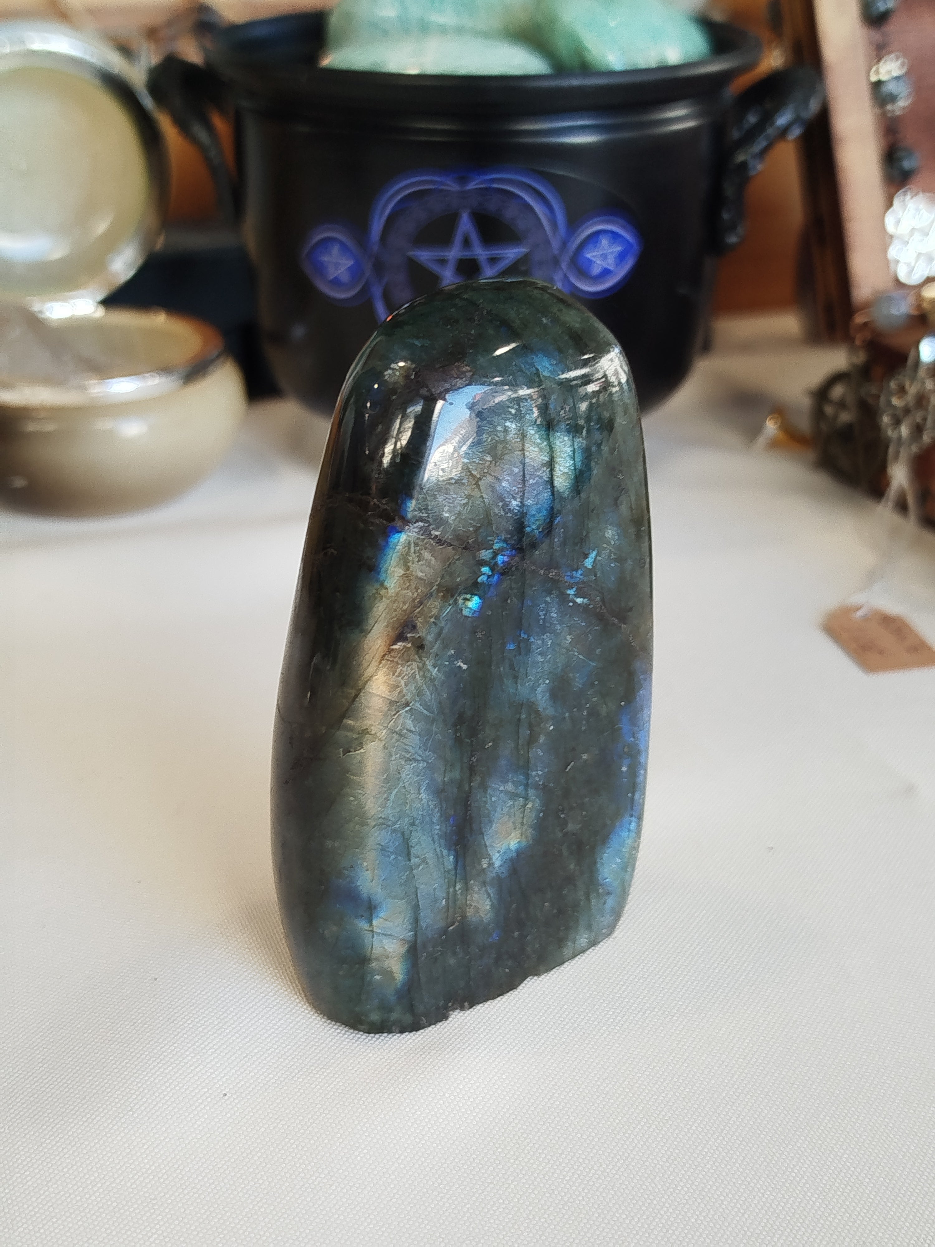Fragment d'aurore boréale tombé sur terre, cette labradorite aux reflets bleus et dorés est le bouclier protecteur idéal pour accompagner les thérapeutes et instaurer une sérénité profonde au sein de leur cabinet.