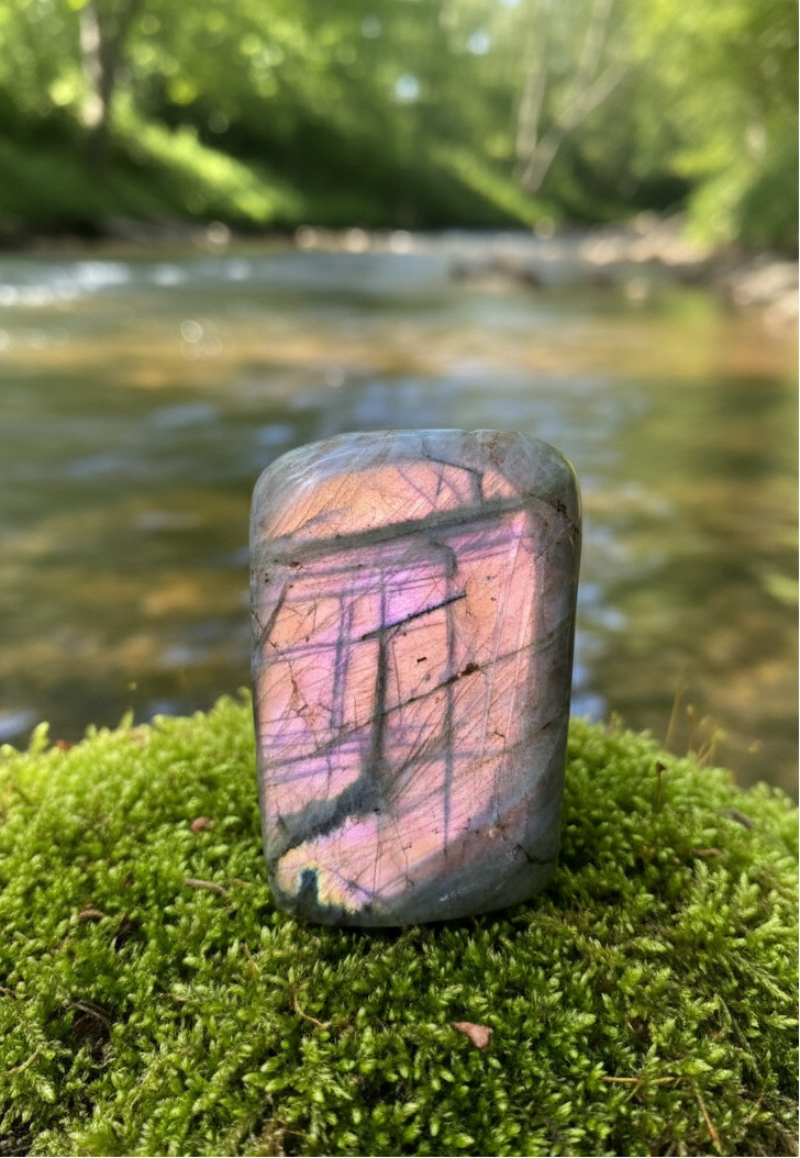 Véritable bouclier de lumière aux reflets rose orangé et dorés, cette labradorite d’exception protège les thérapeutes et les empathes en préservant leur énergie vitale au sein de leur espace de travail.