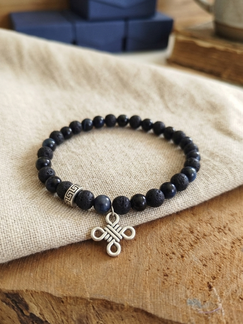 Le Gardien des Ombres : Bracelet artisanal Pierre de Lave  & Œil de Faucon