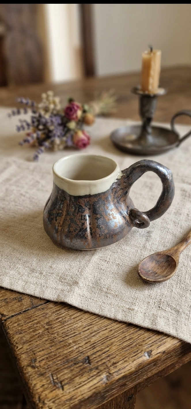 Inspirée par la nature sauvage, cette tasse coloquinte en grès façonnée à La Gorge aux Loups offre une expérience tactile et authentique pour savourer vos boissons préférées au coin du feu.